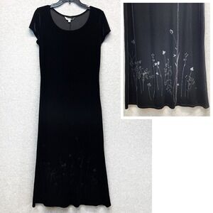 Vintage Black Velvet Dress Womens Medium Witchy Goth Whimsigoth Floral 90's